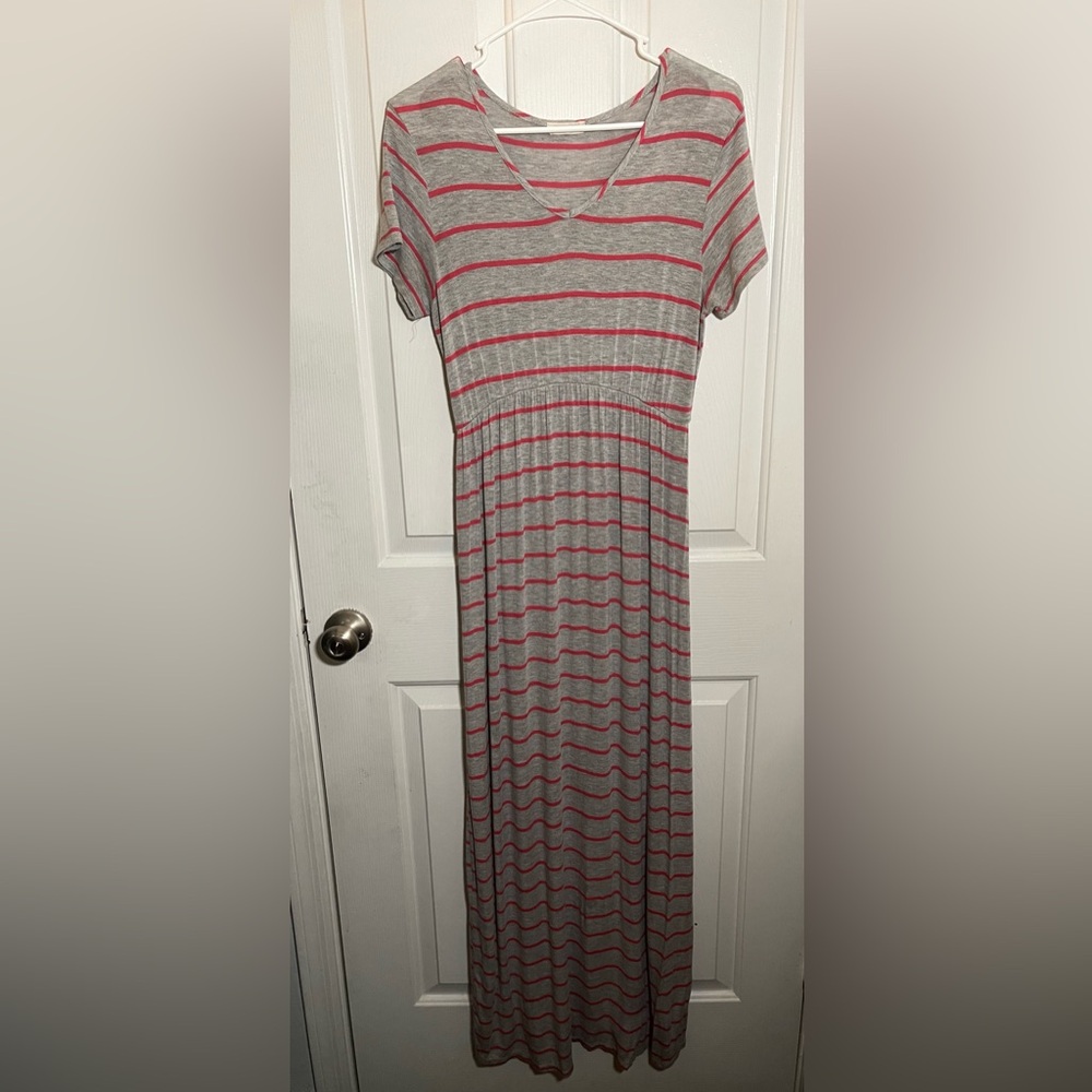 Gray and Red Stripped Maxi Dress